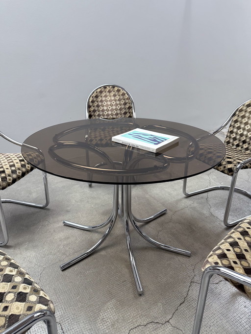 Table de salle à manger ronde en verre chromé & 5 chaises à piétement luge, Italie 1970s