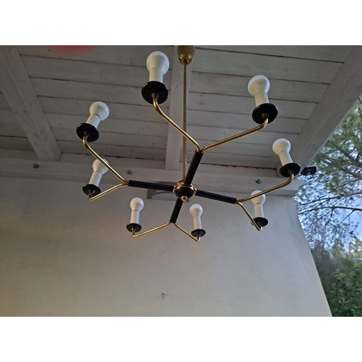 Lustre vintage en laiton Stilnovo avec 8 bras, Italie années 1950