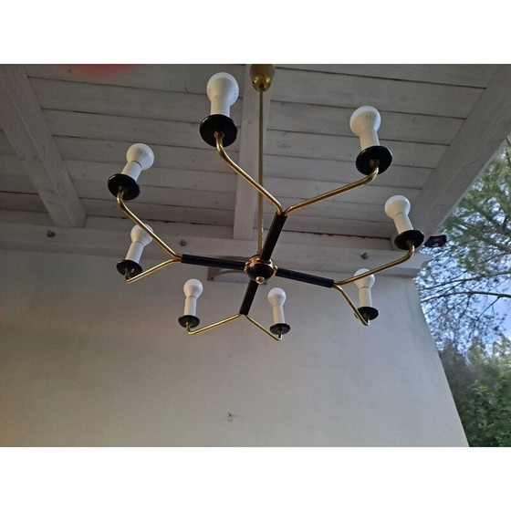 Image 1 of Lustre vintage en laiton Stilnovo avec 8 bras, Italie années 1950