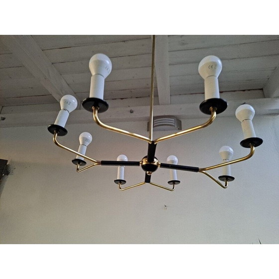 Image 1 of Lustre vintage en laiton Stilnovo avec 8 bras, Italie années 1950