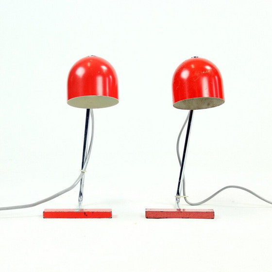 Image 1 of Paire de lampes de table vintage en métal rouge et chrome par Josef Hurka pour Napako, Tchécoslovaquie 1960