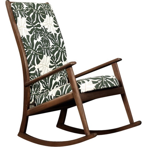 Fauteuil à bascule danois vintage en bois et tissu à motif de feuilles de Monstera, années 1960
