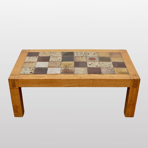 Table basse vintage en grès avec pieds en orme, France 1960