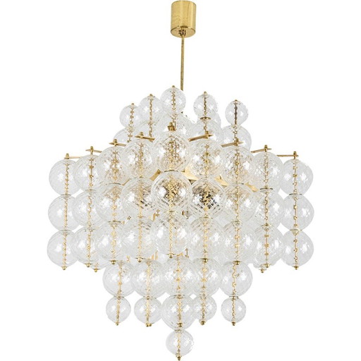 Lustre vintage en verre soufflé et laiton doré, Italie 1970