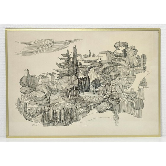 Image 1 of Dessin vintage à l'encre noire "paysage provençal"