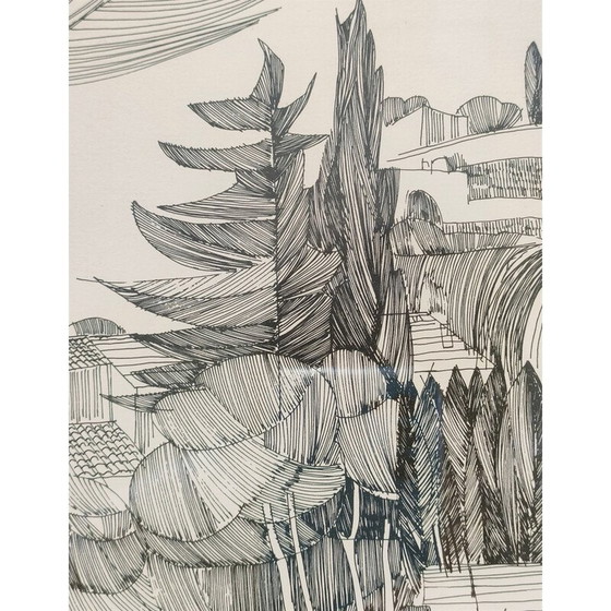 Image 1 of Dessin vintage à l'encre noire "paysage provençal"