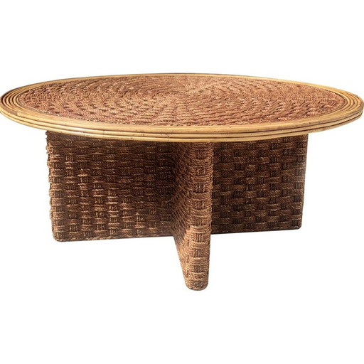 Table basse vintage en corde et rotin tressés, 1970
