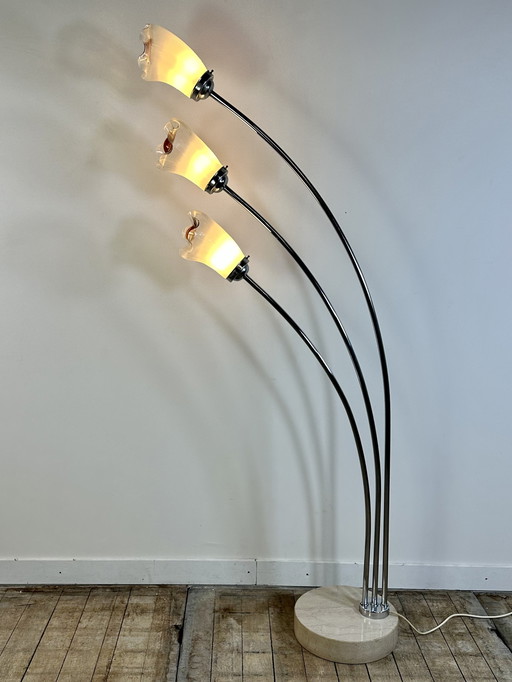 Lampadaire Arc Italien Métal Et Verre Murano 1960