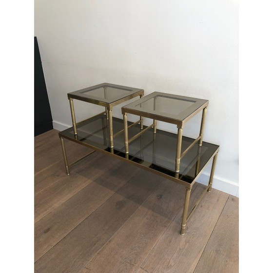 Image 1 of Tables gigognes vintage en laiton avec verre fumé, 1970