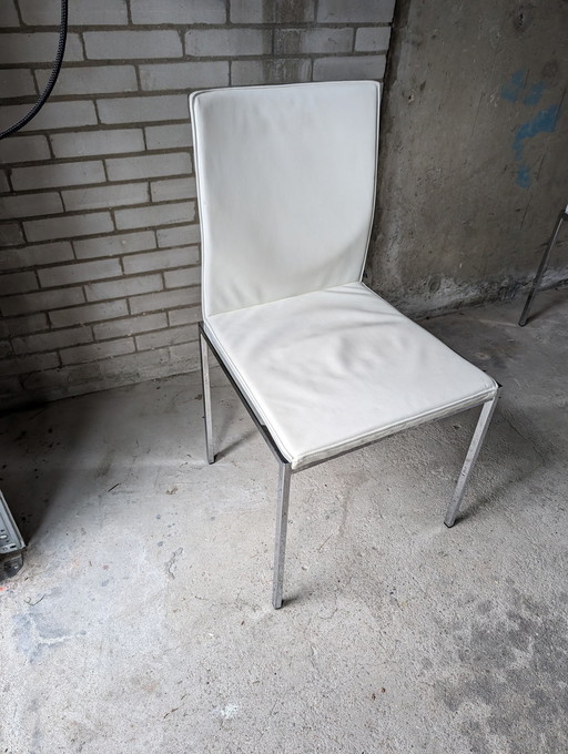 8x Chaises de salle à manger Kff en cuir blanc et châssis chromé