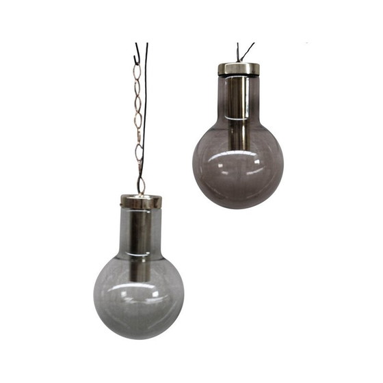 Image 1 of Lampes suspendues en verre fumé et laiton du milieu du siècle par Raak, Hollande, années 1980