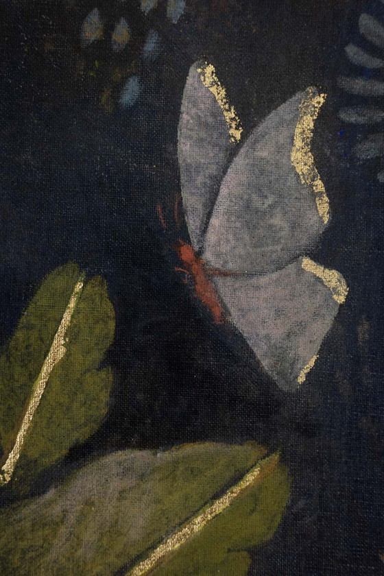 Image 1 of Toile Peinte Représentant Un Ouistiti Sur Un Fond Floral. Contemporain.