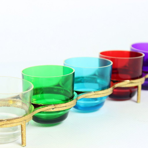 Ensemble de verres à liqueur en plastique aux couleurs de l'arc-en-ciel, Tchécoslovaquie 1960