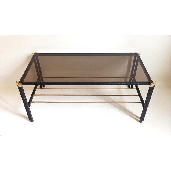 Image 1 of Table basse vintage avec porte-revues en verre fumé, métal et laiton, 1960