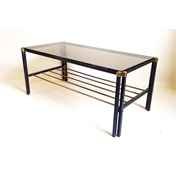 Image 1 of Table basse vintage avec porte-revues en verre fumé, métal et laiton, 1960