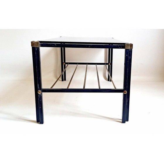 Image 1 of Table basse vintage avec porte-revues en verre fumé, métal et laiton, 1960