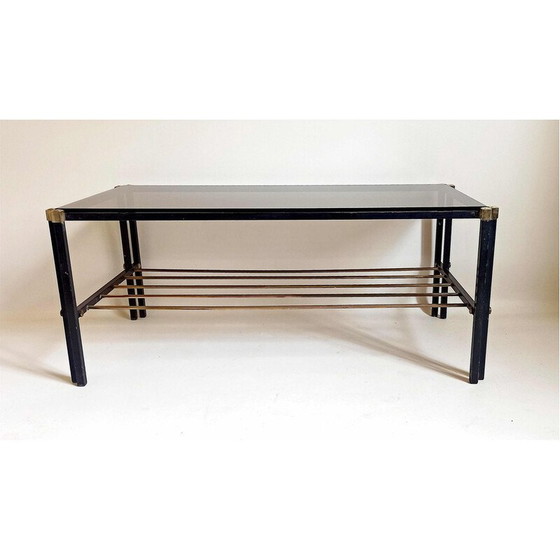 Image 1 of Table basse vintage avec porte-revues en verre fumé, métal et laiton, 1960