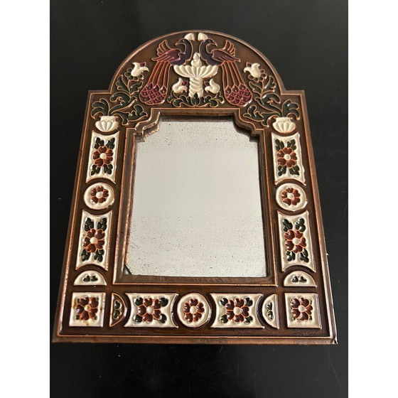 Image 1 of Miroir vintage en métal émaillé et gaufré avec décoration d'oiseaux, 1970