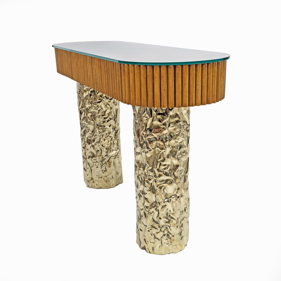 Image 1 of Console centrale en bois et laiton de style Mid Century, Italie, 1990S