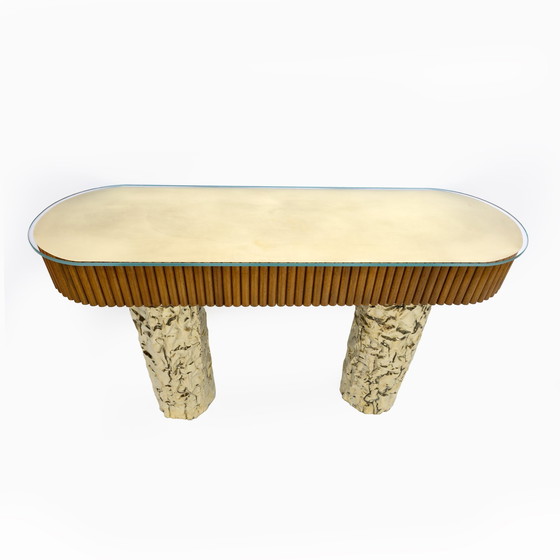 Image 1 of Console centrale en bois et laiton de style Mid Century, Italie, 1990S