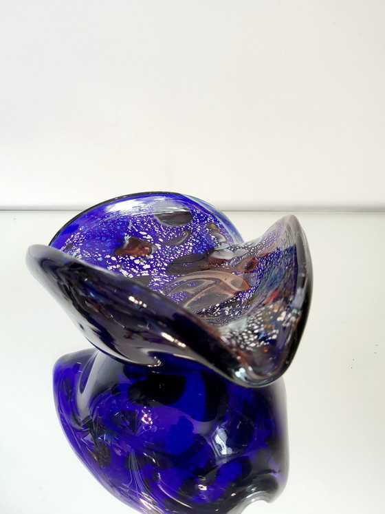 Image 1 of Bol de Murano, Tutti Frutti, design organique avec feuilles d'argent, Italie (Bleu)