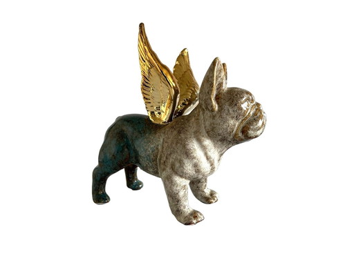 Statue en porcelaine émaillée Bouledogue français avec ailes dorées