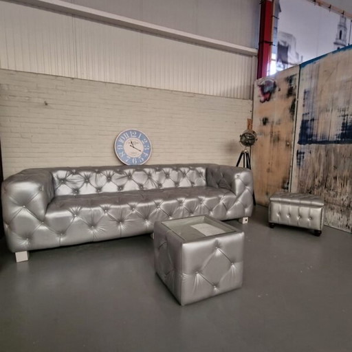 Hauxley 3-Seater Classic Chesterfield Sofa - Silver, Leather