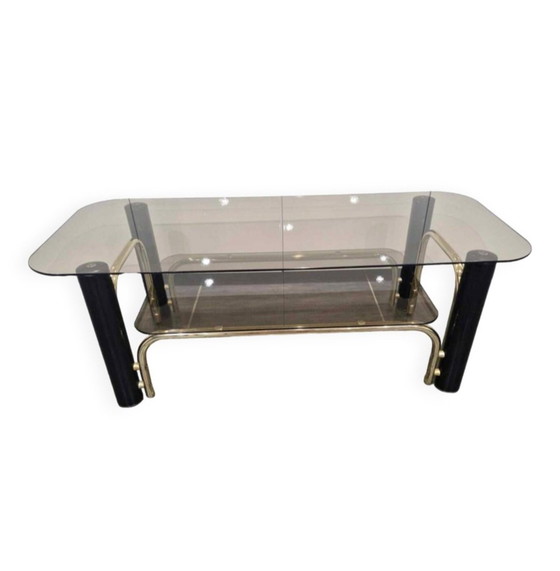 Image 1 of Table Basse Vintage Métal Doré Et Verres Fumés Années 1970
