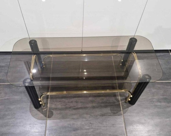 Image 1 of Table Basse Vintage Métal Doré Et Verres Fumés Années 1970
