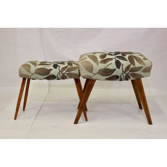 Image 1 of Tabourets vintage en hêtre et tissu jacquard Lelievre 1950s