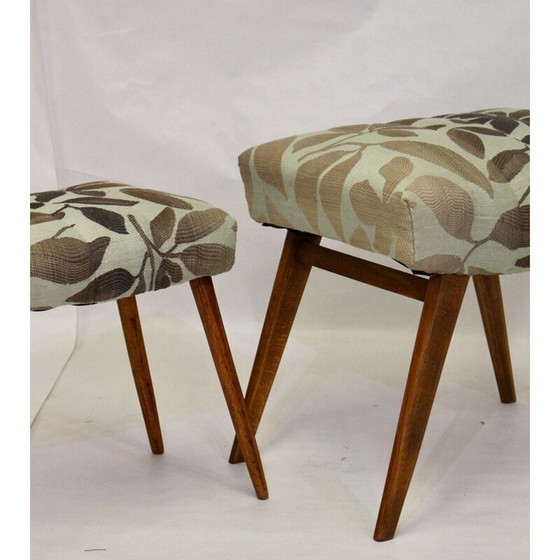 Image 1 of Tabourets vintage en hêtre et tissu jacquard Lelievre 1950s