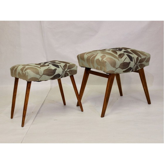 Image 1 of Tabourets vintage en hêtre et tissu jacquard Lelievre 1950s