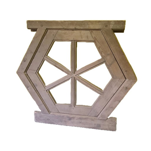 Cadre de fenêtre hexagonal en bois avec fenêtre 1E Moitié du 20e siècle