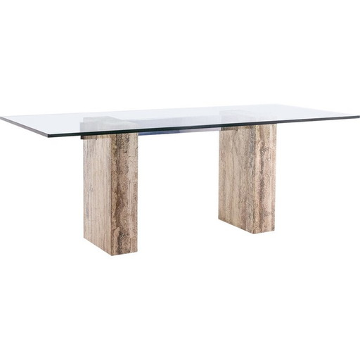 Console vintage en verre et travertin, Italie 1980