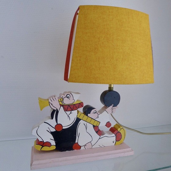 Image 1 of Lampe vintage avec deux clowns en bois peint, 1950