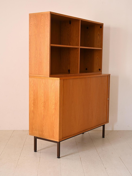 Image 1 of Vintage 1960S Scandinavian Oak Office Cabinet With Metal Legs And Roll-Top Door
