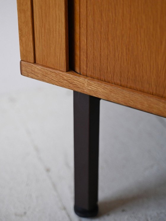 Image 1 of Vintage 1960S Scandinavian Oak Office Cabinet With Metal Legs And Roll-Top Door