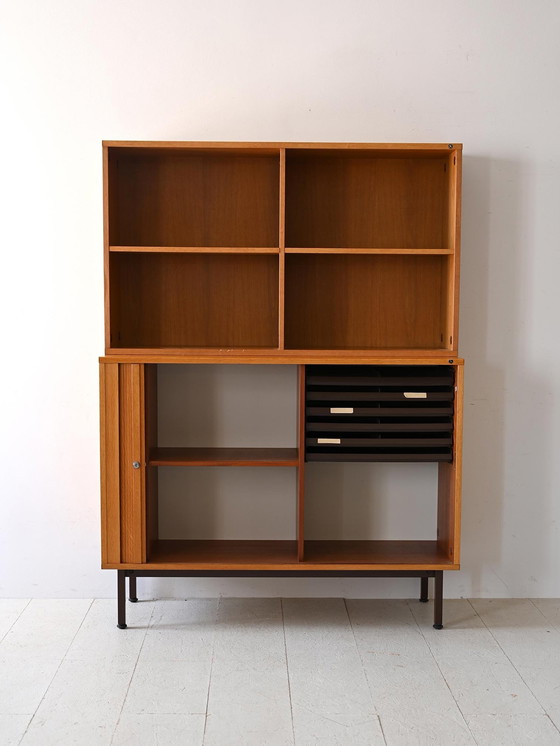Image 1 of Vintage 1960S Scandinavian Oak Office Cabinet With Metal Legs And Roll-Top Door