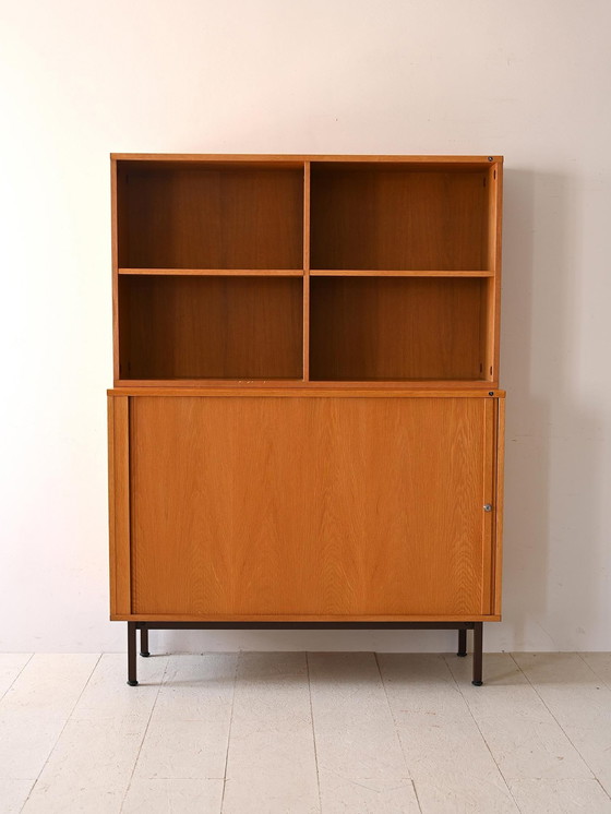 Image 1 of Vintage 1960S Scandinavian Oak Office Cabinet With Metal Legs And Roll-Top Door