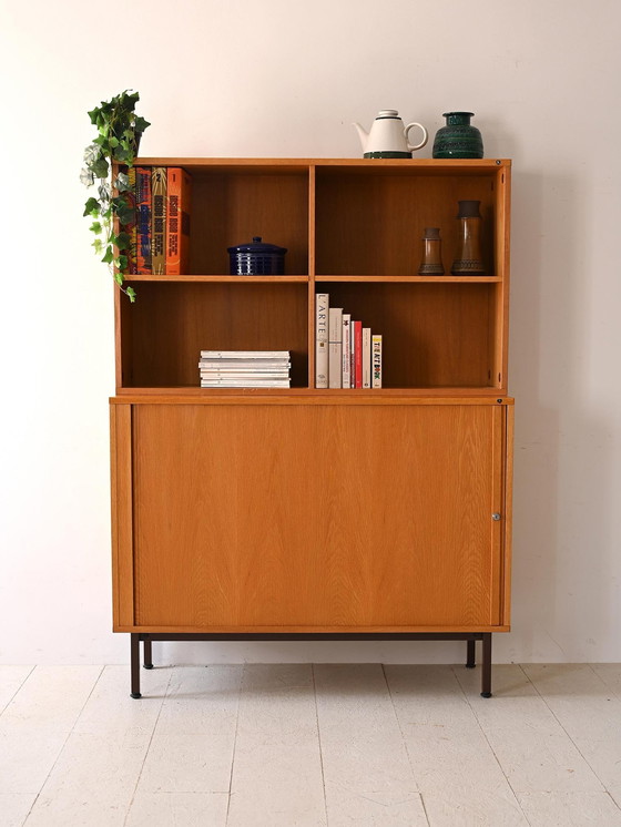 Image 1 of Vintage 1960S Scandinavian Oak Office Cabinet With Metal Legs And Roll-Top Door