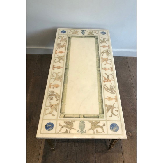 Image 1 of Table basse vintage en bronze et laiton avec plateau en marbre décoré de motifs de style grec