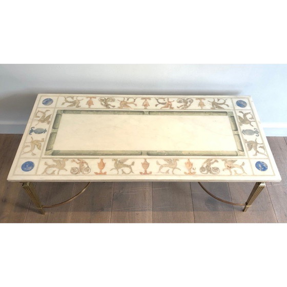 Image 1 of Table basse vintage en bronze et laiton avec plateau en marbre décoré de motifs de style grec
