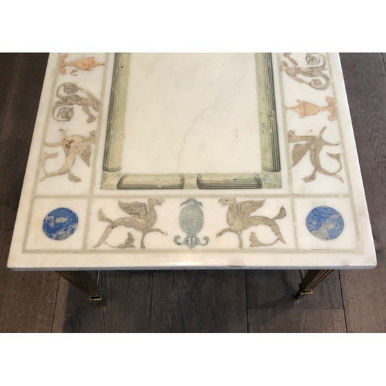 Image 1 of Table basse vintage en bronze et laiton avec plateau en marbre décoré de motifs de style grec