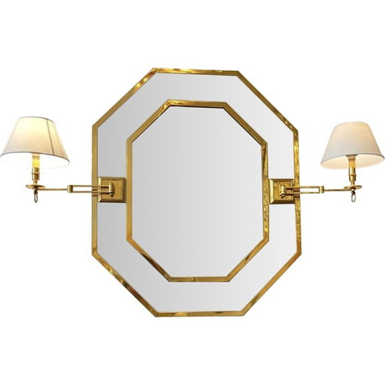 Image 1 of Miroir octogonal vintage en laiton et cuir avec lampes, Italie 1970