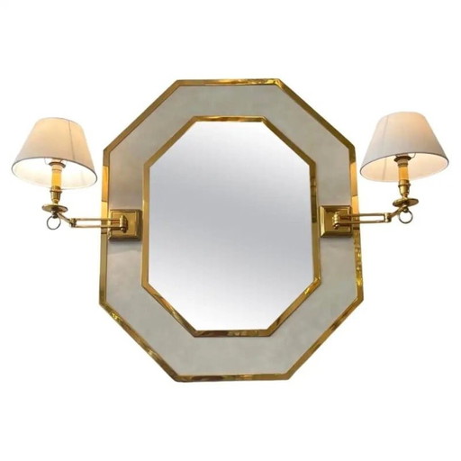 Miroir octogonal vintage en laiton et cuir avec lampes, Italie 1970