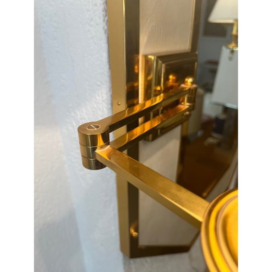 Image 1 of Miroir octogonal vintage en laiton et cuir avec lampes, Italie 1970