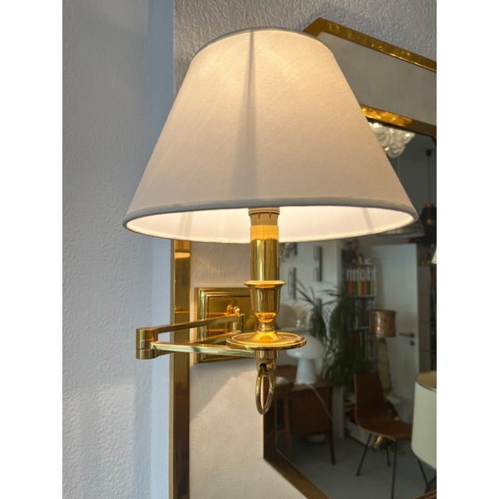 Image 1 of Miroir octogonal vintage en laiton et cuir avec lampes, Italie 1970