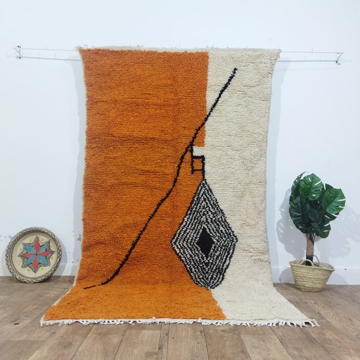 Tapis berbère marocain orange fait main - Tapis berbère orange unique de fabrication marocaine