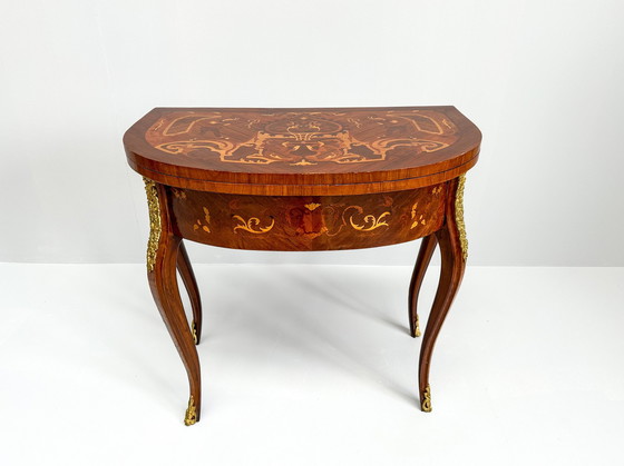 Image 1 of Table de jeu italienne en bois marqueté - 20ème siècle