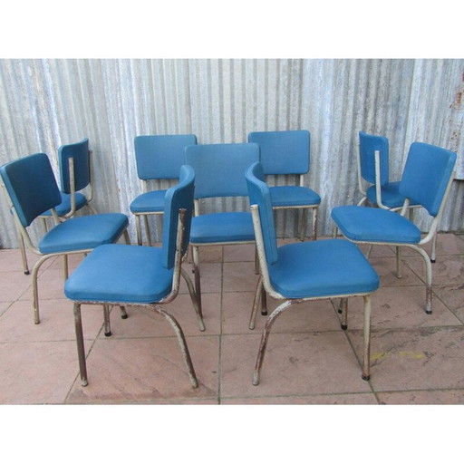 Ensemble de 9 chaises industrielles Tubax bleues - années 1950